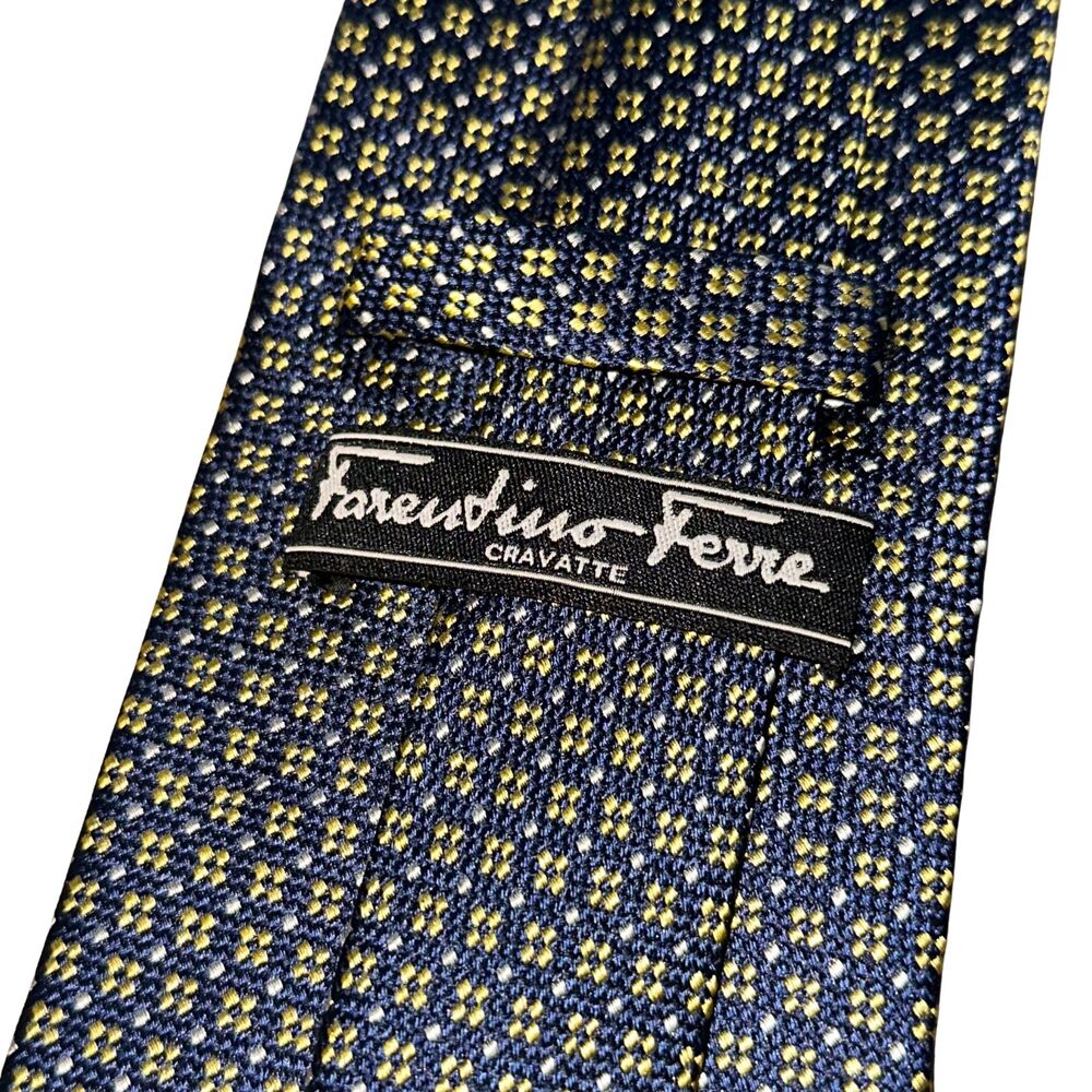 Vintage Farentino Ferre Silk Tie Geometric Pattern 4" Wide Blue Gold Italy